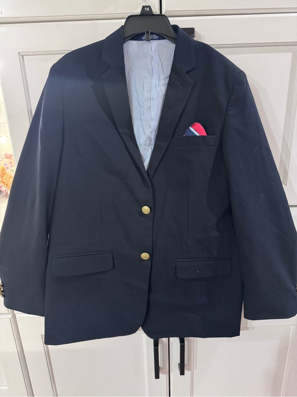 Izod Navy Blazer with Red Pocket Square Accent